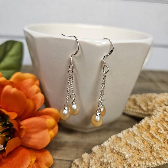 Sterling Silver 7-8mm Peach Freshwater Pearl Dangle Earrings - Picture 1 of 3
